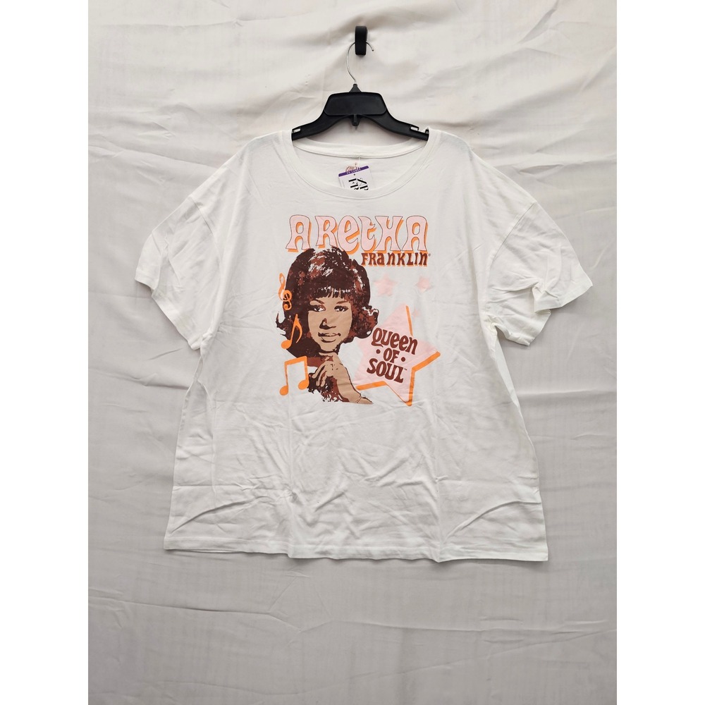 Aretha Franklin Womens Graphic Licensed Band Tee White Cotton Casual Size 2XL